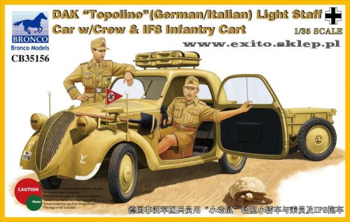 Go to product BRONCO CB 35156 - 1:35 DAK Topolino (German/Italian) Light Staff Car w/Crew & IF8 Infantry Cart