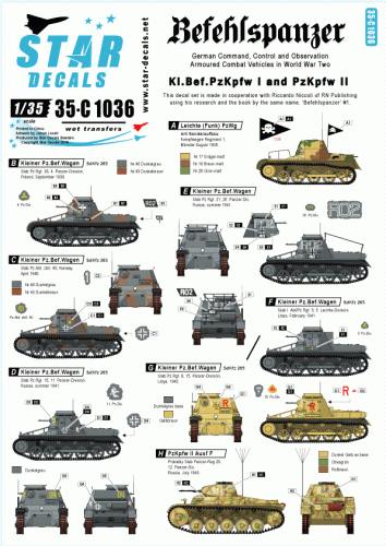Go to product STAR DECALS 35-C1036 - 1:35 Befehlspanzer # 1. KL.Bef.Pz I, PzKpfw II, Beob.Pz. II.