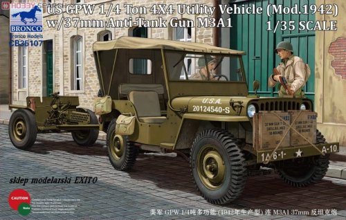 Go to product BRONCO CB 35107 - 1:35 US GPW 4x4 Light Utility Vehicle mod 1942 w/37mm AT Gun M3A1
