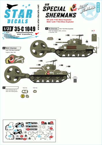 Go to product STAR DECALS 35-C1049 - 1:35 US Special Shermans # 1. Aunt Jemima and other mine exploder tanks.
