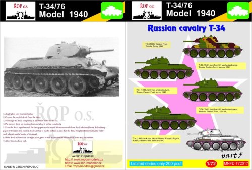 Go to product ROPOS MNFDT72017 - 1:72 T-34/76 Model 1940 - Russian cavalry T-34