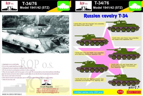 Go to product ROPOS MNFDT72015 - 1:72 T-34/76 Model 1941/42 (STZ) - Russian cavalry T-34