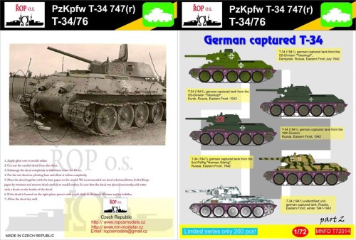 Go to product ROPOS MNFDT72014 - 1:72 Pz.Kpfw T-34 747(r) - German captured T-34