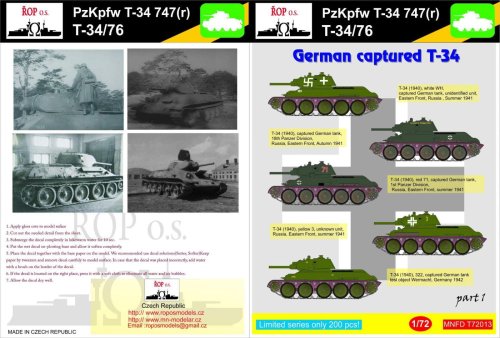 Go to product ROPOS MNFDT72013 - 1:72 Pz.Kpfw T-34 747(r) - German captured T-34