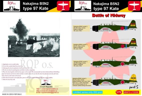 Go to product ROPOS MNFDL72058 - 1:72 Nakajima B5N2 type 97 Kate - Battle of Midway