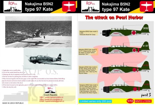 Go to product ROPOS MNFDL72056 - 1:72 Nakajima B5N2 type 97 Kate - The attack on Pearl Harbour