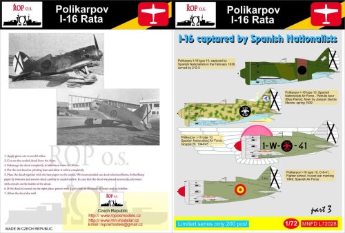 Go to product ROPOS MNFDL72028 - 1:72 Polikarpov I-16 Rata - I-16 captured by Spanish Nationalists