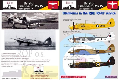Go to product ROPOS MNFDL72003 - 1:72 Bristol Blenheim Mk IV - Blenheims in the RAF, RCAF service
