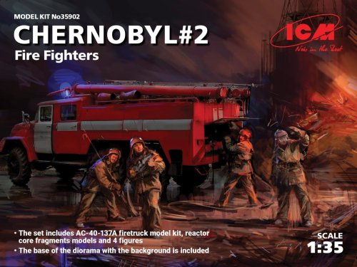 Go to product ICM 35902 - 1:35 Chernobyl#2. Fire Fighters (AC-40-137A firetruck & 4 figures & diorama base with background)