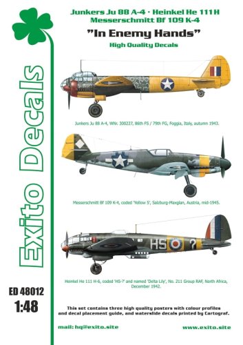 Go to product EXITO DECALS ED48012 - 1:48 In Enemy Hands - Bf 109 - He 111 - Ju 88
