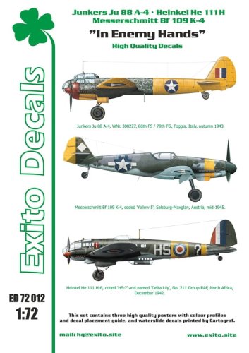 Go to product EXITO DECALS ED72012 - 1:72 In Enemy Hands - Bf 109 - He 111 - Ju 88
