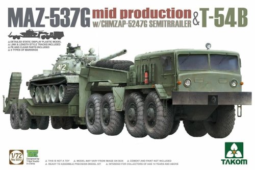 Go to product TAKOM 5013 - 1:72 MAZ-537G mid production with CHMZAP-5247G Semitrailer & T-54B