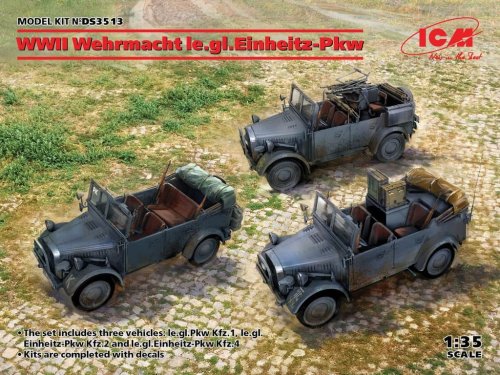 Go to product ICM DS3513 - 1:35 WWII Wehrmacht le.gl.Einheitz-Pkw (le.gl.Pkw Kfz.1,le.gl.Einheitz-Pkw Kfz.2, le.gl.Einheitz-Pkw Kfz.4)