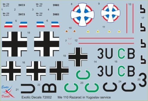 Go to product EXOTIC DECALS 72002 - 1:72 Me 110 Razarać - Me 110 in Yugoslav service