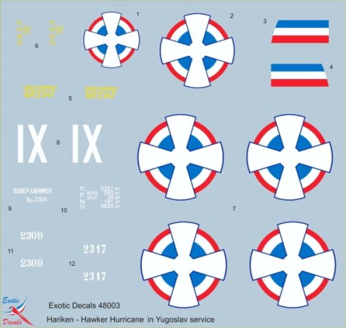 Go to product EXOTIC DECALS 48003 - 1:48 Hariken - Hawker Hurricane Mk.I in Yugoslav service