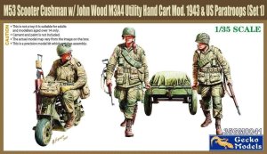 GECKO MODELS 35GM0041 - 1:35 M53 Scooter Cushman w/John Wood M3A4 Utility Hand Cart Mod.1943 & US Paratroops (Set 1)