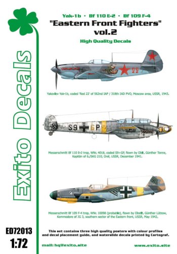 Go to product EXITO DECALS ED72013 - 1:72 Eastern Front Fighters vol.2 - Yak 1b - Bf 110 - Bf 109