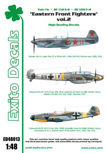 Go to product EXITO DECALS ED48013 - 1:48 Eastern Front Fighters vol.2 - Yak 1b - Bf 110 - Bf 109
