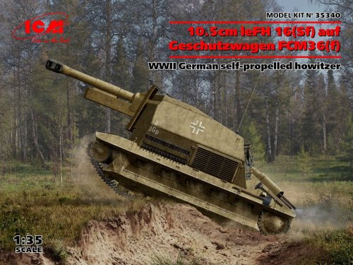 Go to product ICM 35340 - 1:35 10.5cm leFH 16(Sf) auf Geschutzwagen FCM36(f) WWII German self-propelled howitzer