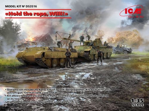 Go to product ICM DS3516 - 1:35 Hold the rope, Willie! Pz.Kpfw.V Ausf.D Panther, Bergepanther, Kfz.4 car with AA gun, tank crew & drivers