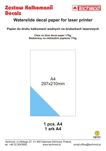 Go to product Techmod 10111 - Decal printing paper for laser printers - clear film on blue paper A4 1 sheet.