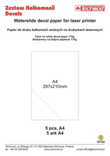 Go to product Techmod 10102 - Decal printing paper for laser printers - clear film on white paper A4 5 sheets.