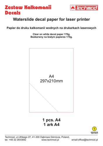 Go to product Techmod 10101 - Decal printing paper for laser printers - clear film on white paper A4 1 sheet.