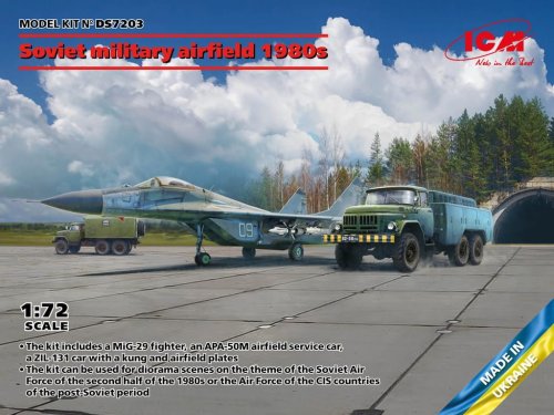 Go to product ICM DS7203 - 1:72 Soviet Military Airfield 1980s MiG-29 9-13, APA-50M (ZiL-131), ZiL-131 Command Vehicle and Soviet PAG-14 Airfield Plates
