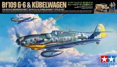 Go to product Tamiya 25204 - 1:48 Messerschmitt Bf109 G-6 & Kubelwagen Type 82 Set