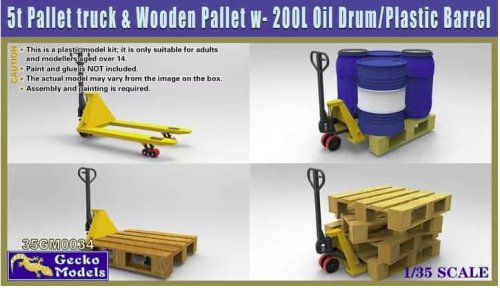 Go to product Gecko Models 35GM0034 - 1:35 5t Pallet Truck & Wooden Pallet w-200L Oil Drum/Plastic Barrel