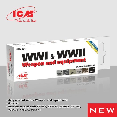 Go to product ICM 3043 - WWI & WWII Weapon and Equipment acrylic paint set