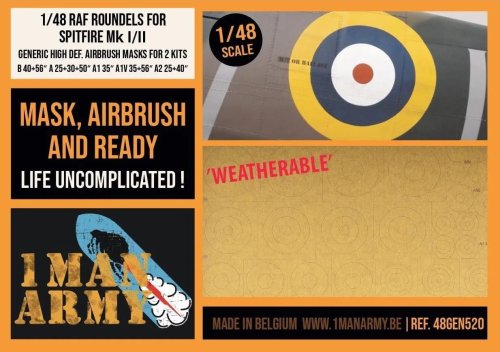 Go to product 1 Man Army 48GEN520 - 1:48 RAF Roundels for Spitfire Mk I/II