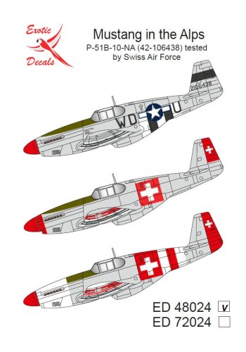 Go to product Exotic Decals 48024 - 1:48 Mustang in The Alps P-51B-10-NA Tested by Swiss Air Force