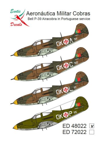Go to product Exotic Decals 48022 - 1:48 Aeronautica Militar Cobras Bell P-39 Airacobra in Portugese Service
