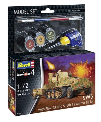 Go to product Revell 63293 - 1:72 sWS with Flak 43 &amp; Sd.Ah.58 Ammo Trailer model with paint.