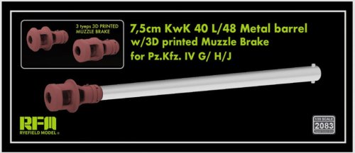 Go to product Rye Field Model 2083 - 1:35 7,5 cm KwK 40 L/48 Metal Barrel w/ 3D Printed Muzzle Brake for Pz.Kfz. IV G/H/J