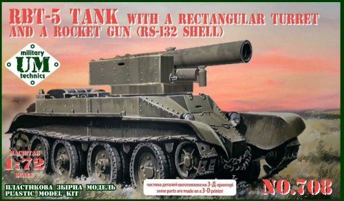 Go to product Unimodels UM-MT 708 - 1:72 RBT-5 Tank w/ Rectangular Turret and a Rocket Gun RS-123 Shell