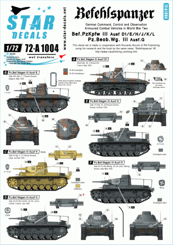 Go to product STAR DECALS 72-A1004 - 1:72 Befehlspanzer # 2. Bef.Pz. III Ausf D1/E/H/J/K/L and Beob.Pz III Ausf G.