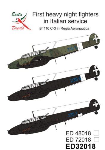 Go to product Exotic Decals 32018- 1:32 First Heavy Night Fighters in Italian service Bf 110 C-3 in Regia Aeronautica