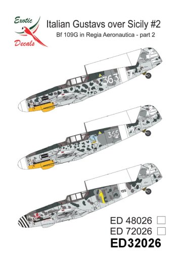 Go to product Exotic Decals 32026 - 1:32 Italian Gustavs over Sicily #2 Bf 109G in Regia Aeronautica