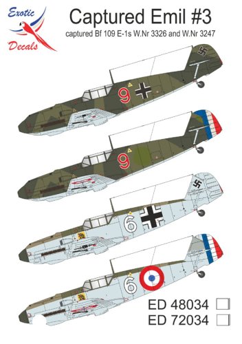 Go to product Exotic Decals 72034 - 1:72 Captured Emil #3 Captured Bf 109 E-1s W.Nr 3326 and W.Nr 3247