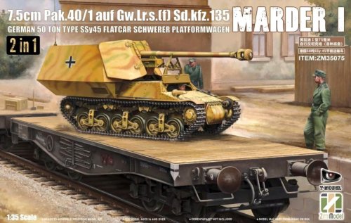 Go to product Zimi Model 35075 - 1:35 7.5cm PAK.40/1 auf. Gw.Lr.s.(f) Sd.Kfz.135 Marder I German 50 ton type SSy45 Flatcar Schwerer Platformwagen