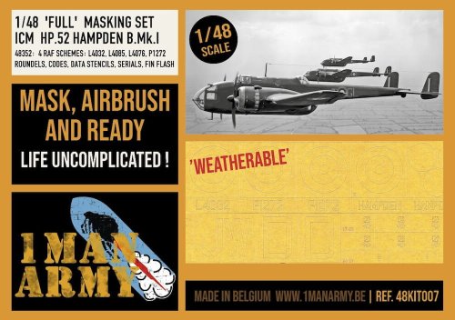 Go to product 1 Man Army 48KIT007 - 1:48 HP.52 Hampden B. Mk.I Full Masking Set - ICM