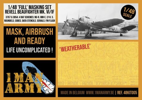 Go to product 1 Man Army 48KIT005 - 1:48 Beaufighter Mk.VI/IF Full Masking Set - Revell