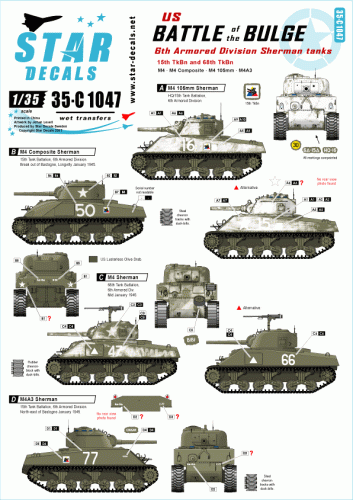 Go to product STAR DECALS 35-C1047 - 1:35 Battle of the Bulge. 6th Armored Division Shermans.