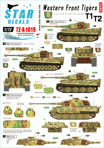 Go to product STAR DECALS 72-A1019 - 1:72 Western Front Tigers # 1. 1. Komp./ s.SS.Pz-Abt. 101/501 Tiger I and Tiger II.