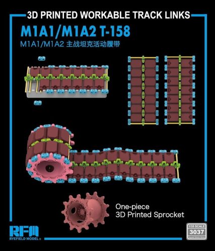 Go to product Rye Field Model 3037 - 1:35 M1A1 /M1A2 T-158 3D Printed Workable Track Links w/One-piece Sprocket