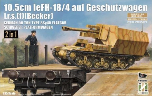 Go to product Zimi Model 35077 - 1:35 10,5 cm leFH-18/4 auf Geschützwagen Lr.s.(f) (Becker) with German 50 Ton Type Ssy 45 Flatcar Schwerer Platformwagen (2 in 1)
