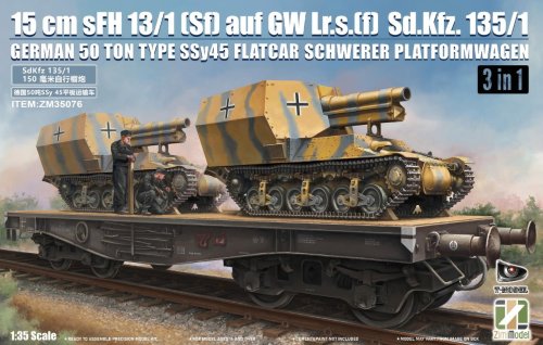 Go to product Zimi Model 35076 - 1:35 15 cm sFH 13/1 (Sf) auf GW Lrs. (f) Sd.Kfz.135/1 with German 50 Ton Type Ssy 45 Flatcar Schwerer Platformwagen (3 in 1)