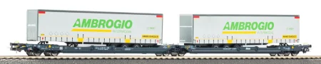 Piko 24635 H0 - Wagon podwójna platforma typu T3000e Wascosa z 2 naczepami Ambrogio